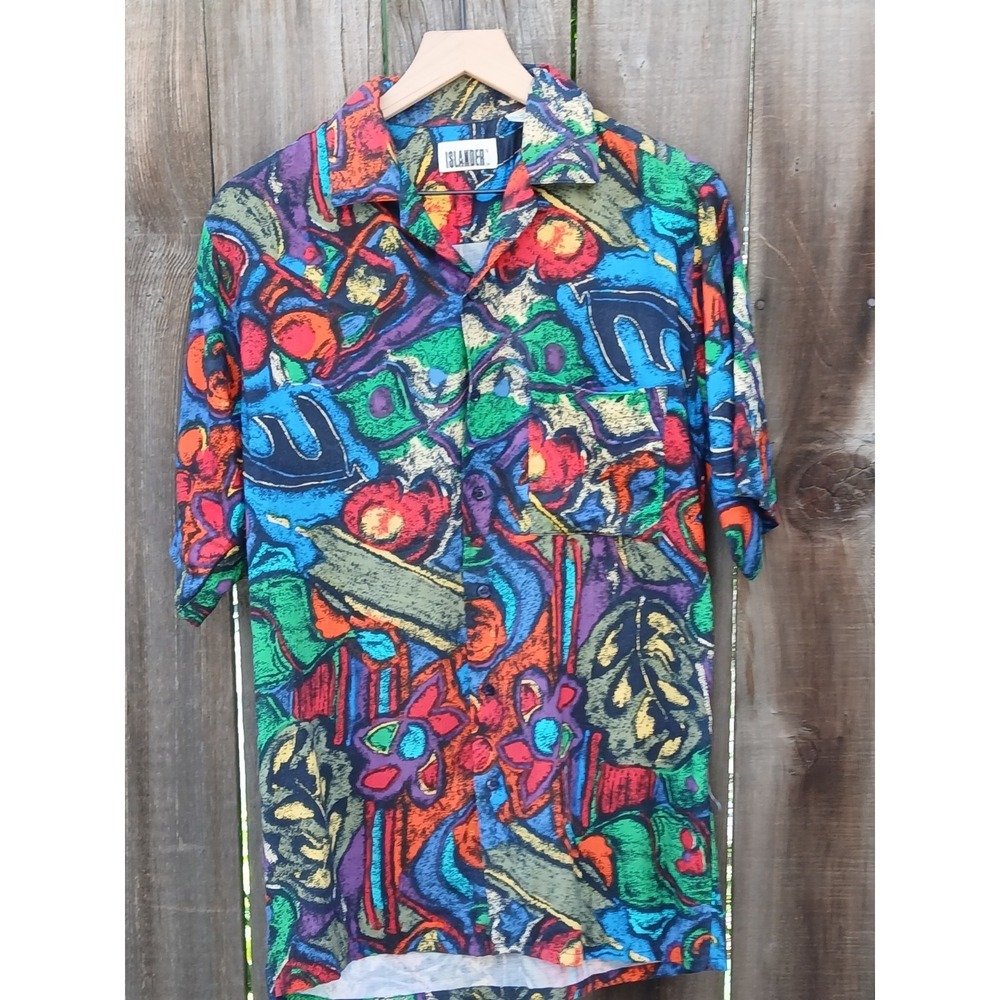 Vintage Mens 80s Islander Abstract Geometric Pattern‎ Hawaiian Party Shirt S